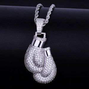 14K WHITE GOLD plated  ICED BOXING GLOVES PENDANT